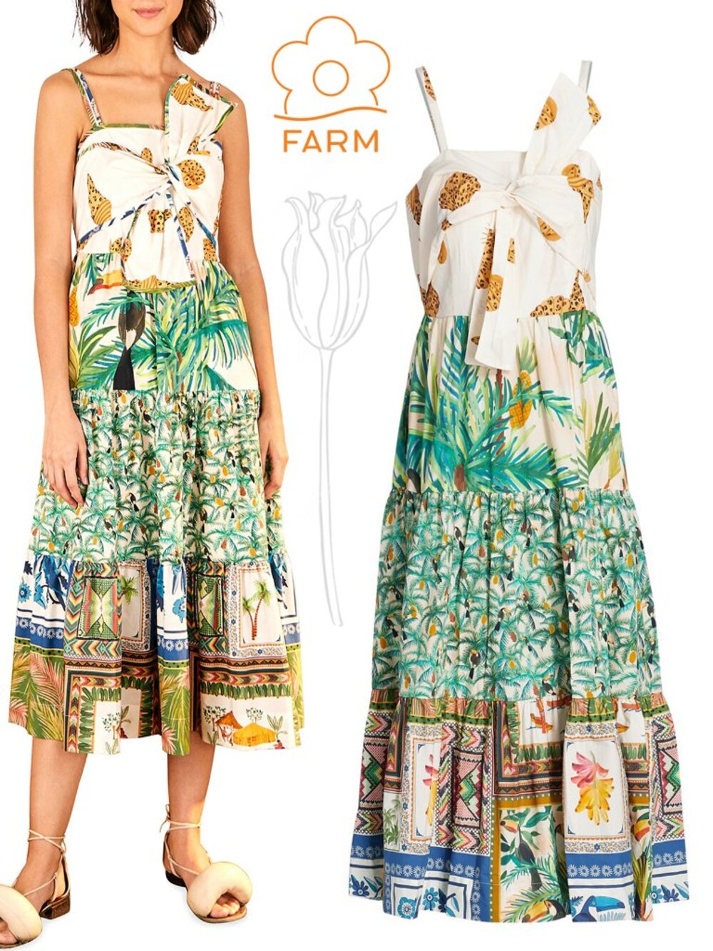 Farm Rio Mixed Tropical Prints Midi Dress Bow Top Animal Tropical